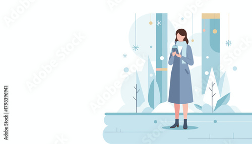Winter style Woman texts on phone outside modern building in the snow
