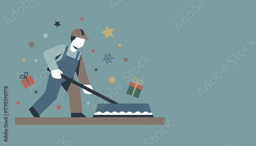 Seasonal labor concept Worker operating tool with floating Christmas gifts and festive decor