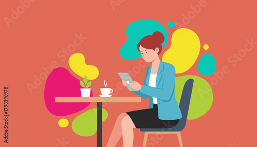 Businesswoman using tablet at a colorful cafe table taking a coffee break