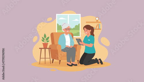 Home caregiver discussing plan with senior woman using a digital tablet in a comfortable living room