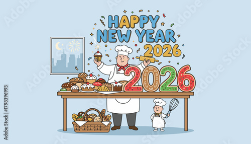 Happy New Year 2026 celebration illustration Bakers with festive treats and cookie numbers