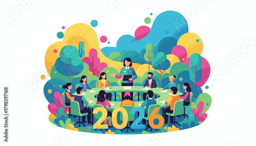 Professional business team meeting in a vibrant natural setting planning for the year 2026