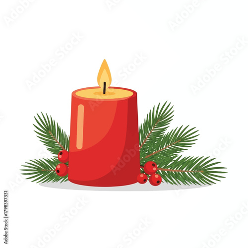 A red burning candle surrounded by green fir branches and red berries, festive illustration.