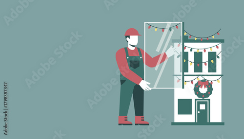 Worker installing a new window in a Christmasdecorated building Home repair service