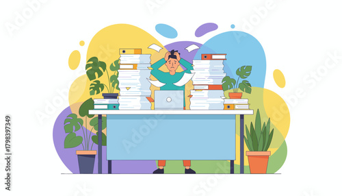 Anxious employee stressed by piles of paper and workload at desk Business burnout concept