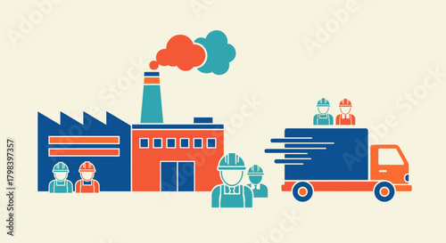 Industrial factory workers and delivery truck illustration Manufacturing production and logistics concept