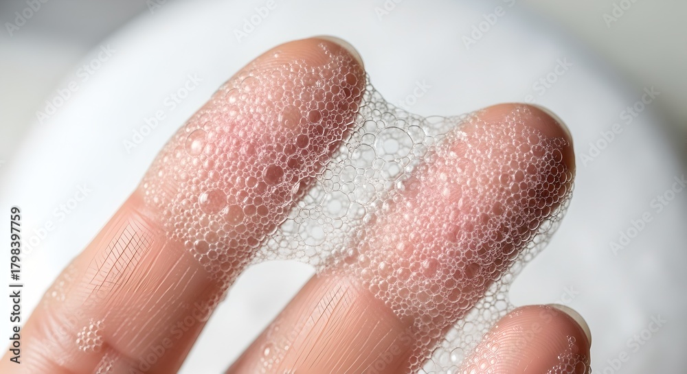 Fototapeta premium Macro Fingertips Holding Creamy Foam Bubbles in Refreshing Soothing Skincare Moment.