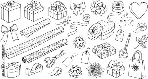 Hand-drawn Gift Wrapping Elements Doodles. Collection of Presents, Boxes, Bows, Ribbons, Tags, Scissors, Tape, Confetti, and Holiday Holly in Black and White Line Art.