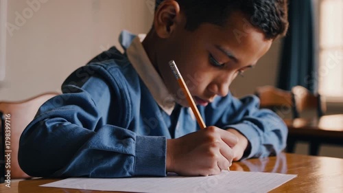 Focused Young Boy Writing in Classroom