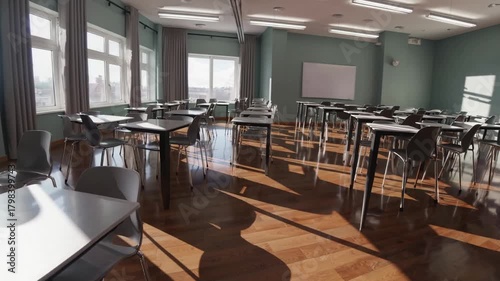 Modern Classroom Interior with Natural Light and Desks