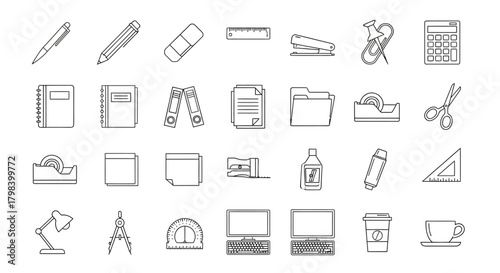 Outline drawing of office and school supplies neatly arranged on a white background, crisp and clean