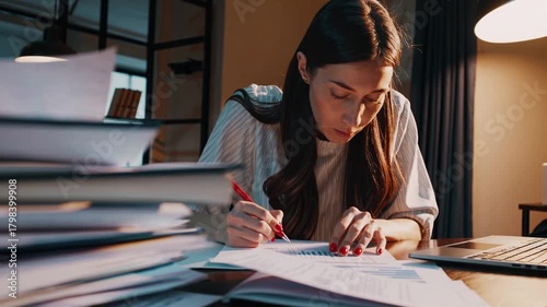 Focused Young Woman Studying with Paperwork in a Cozy Workspace