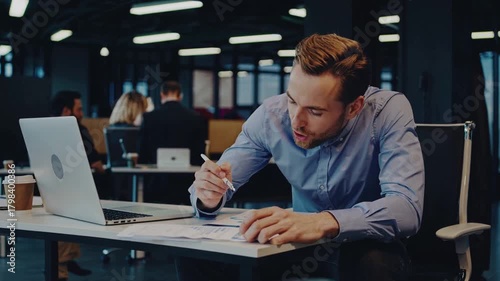 Focused Businessman Analyzing Data in Modern Office Environment