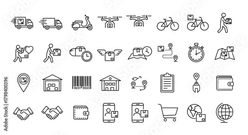Line art icons depicting delivery, transportation, and logistics on a white background in a 6x5 grid layout