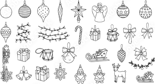 Festive Christmas Hand Drawn Elements: Ornaments, Angel, Lights, Toys, Sleigh,  Gifts