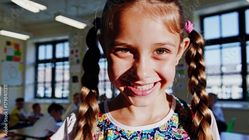 Joyful Schoolgirl with Braids in a Classroom Setting