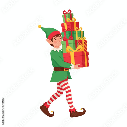 A cheerful cartoon Christmas elf character wearing a green outfit and striped leggings, happily carrying a tall stack of colorful wrapped presents.