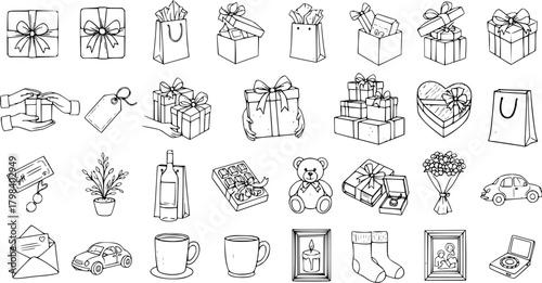 Hand-Drawn Doodle Icons Set of Gifts, Presents, Shopping, Celebrations, and Everyday Objects. Black and White Sketch Vector Collection for Holidays, Love, and Family Design.