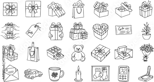 Hand-drawn Doodle Sketch Icons Set of Various Gifts and Presents for Celebration, Holidays, Special Occasions, Birthdays, and Christmas