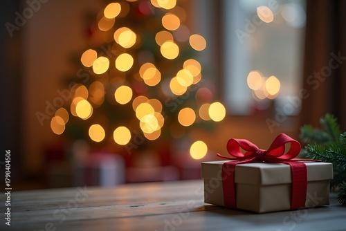 cozy Chistmas tree blurred bokeh background with gift box for merry christmas and happy new year image