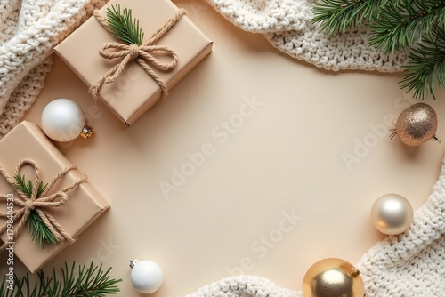 cozy Gift boxes with handmade eco friendly Christmas decor. Cozy on beige desk includes DIY crafts