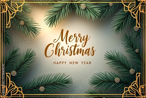 cozy Merry Christmas and Happy New Year illustration of gold luxury christmas pine tree frame with geometric art deco style element for elegant holiday celebration
