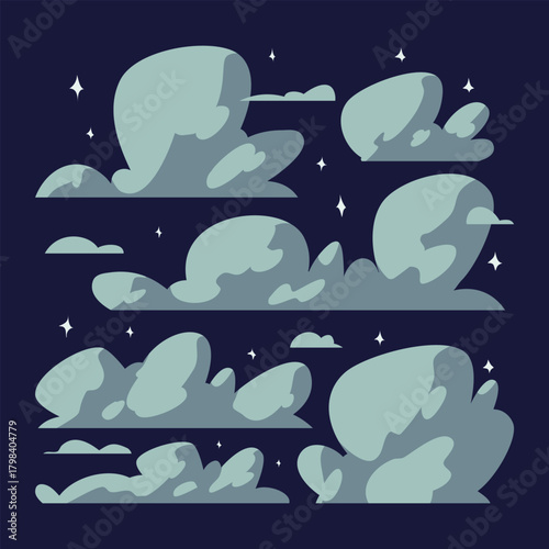 Vector illustration of stylized cloudscape at night with stars