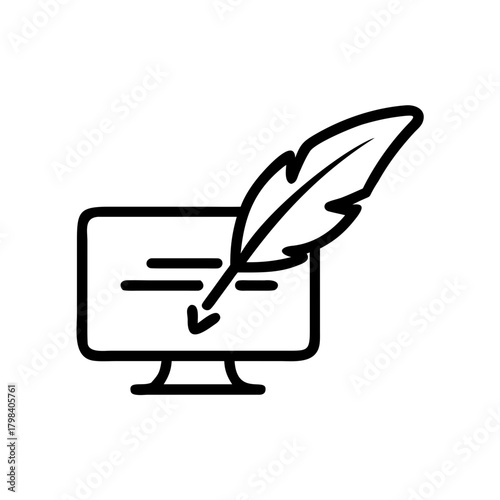 An illustration of a feather quill interacting with a computer monitor, symbolizing creative writing or content creation