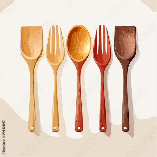 A collection of five kitchen utensils including wooden spoons and forks arranged in a row on a light textured background with subtle organic shapes and soft shadows creating a warm inviting