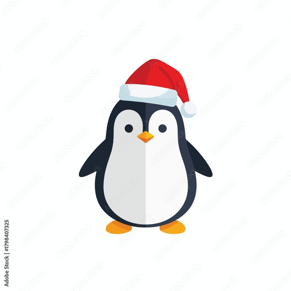 Obraz premium A charming cartoon penguin wearing a festive red Santa hat, depicted in a flat design style on a white background.