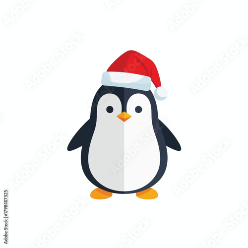 A charming cartoon penguin wearing a festive red Santa hat, depicted in a flat design style on a white background.