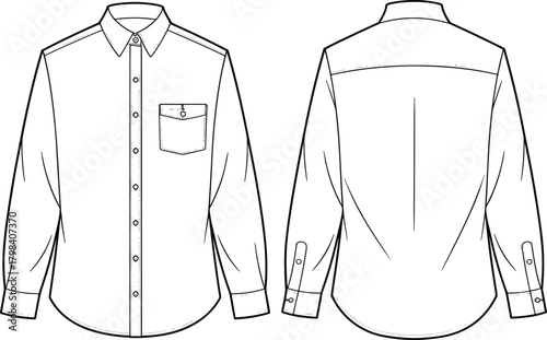 Button-up shirt front and back view, pointed collar, flap pocket, shoulder yoke, button placket, fashion sketch, garment template, apparel design, illustration