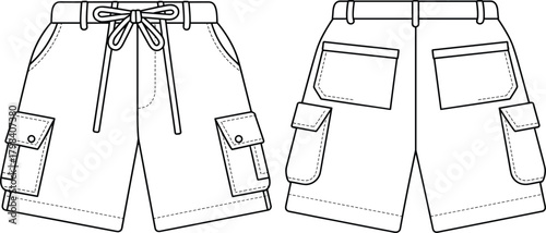 Cargo shorts front and back view, drawstring waist, flap pockets, belt loops, button closures, fashion sketch, garment template, apparel design, illustration