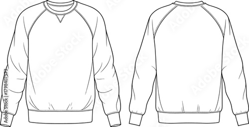 Crewneck sweatshirt technical sketch, front and back view, raglan sleeve design, fashion template, garment illustration, apparel layout, clothing outline, black white, V-stitch detail