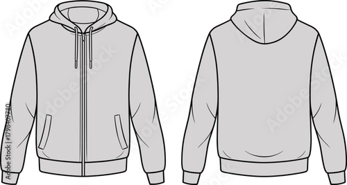 Front and back view of zip-up hoodie, drawstring hood, ribbed cuffs, plain back, fashion illustration, garment template, clothing design, apparel sketch