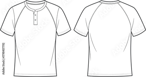 Henley shirt front and back view, round neckline, two-button placket, raglan sleeves, seam details, fashion sketch, garment template, apparel design