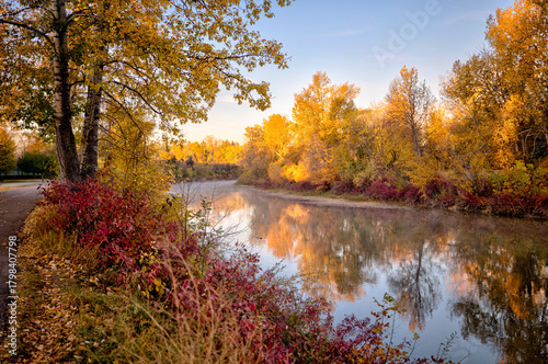 Calgary, Alberta - October 10, 2025: Fall colours along the river pathways and streets of Rideau and Elbow Park neighborhoods in Calgary, Alberta
