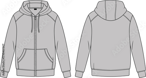Hooded sweatshirt front and back view, full zipper, kangaroo pocket, raglan sleeves, drawstring hood, fashion sketch, garment template, apparel design, illustration