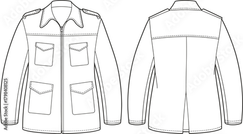 Jacket fashion illustration, technical sketch, epaulet shoulder design, zipper front closure, patch pocket detail, cuffed sleeve finish, sewing pattern, garment template, apparel mockup