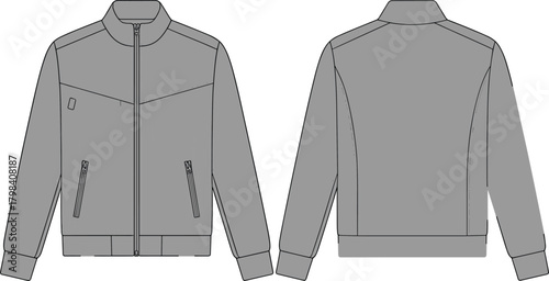 Jacket fashion illustration, technical sketch, high collar design, zip front closure, diagonal pocket detail, ribbed cuff hem, sewing pattern, garment template, apparel mockup