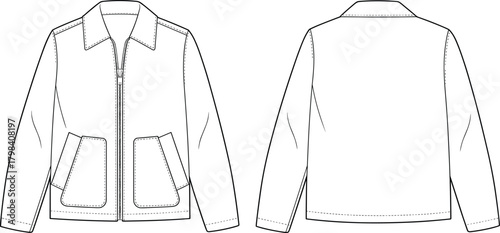 Jacket fashion illustration, technical sketch, zip front closure, patch pocket design, pointed collar style, clean sleeve finish, sewing pattern, garment template, apparel mockup