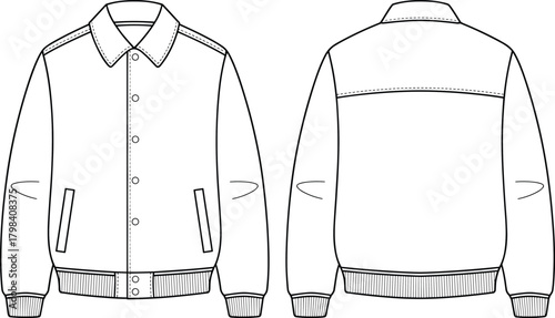 Jacket technical sketch, front and back view, fashion template, garment illustration, pointed collar, snap button closure, ribbed cuffs, welt pockets, clothing design, apparel layout