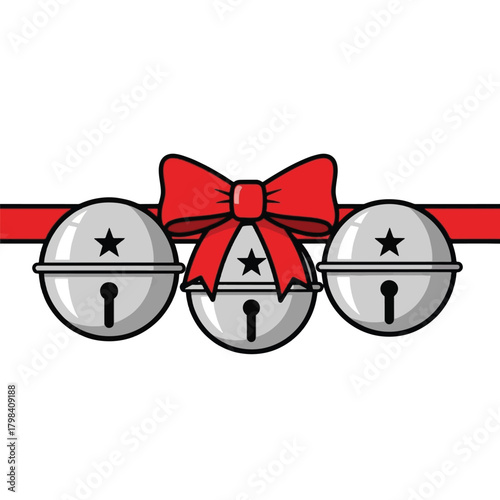 Three silver jingle bells with stars and keyholes tied together by a vibrant red ribbon and bow, perfect for festive designs.