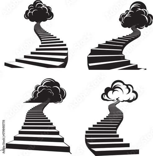 Stairway to Clouds Silhouette Set – Minimalist Black & White Vector Illustrations of Ascension, Journey, and Dreamlike Paths