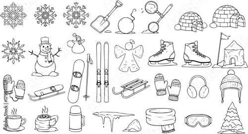 Winter Holiday Doodle Set: Hand-Drawn Snowflakes, Snowman, and Festive Elements