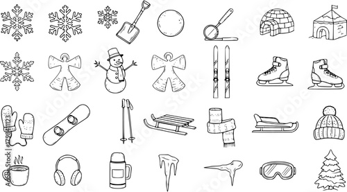 Whimsical Winter Fun Icons: Snowflakes, Snowman, Skis, Sled, and Cozy Accessories