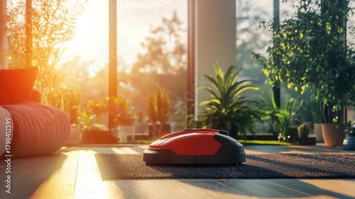 Robotic lawnmower with sunrise, and home.
