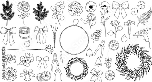 Hand-drawn collection of crafting elements for Christmas and floral DIY projects including botanical leaves, flowers, bows, tools, and holiday decorations.
