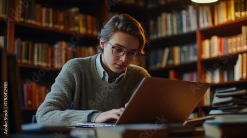 Student studies laptop library books.