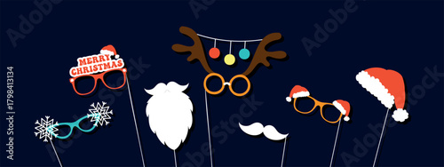 Christmas photo booth props white beard, mustache, Santa hat, sunglasses with snowflakes, glasses with reindeer antlers, vector design elements